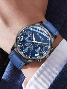 2Pcs Men's Blue PU Leather Strap Fashionable Casual Classic Retro Mixed Scale Geneva Circular Dial Quartz Watch Chain Bracelet Set For Daily Wear Or Holiday Gifts - 藍色 - 查看 4