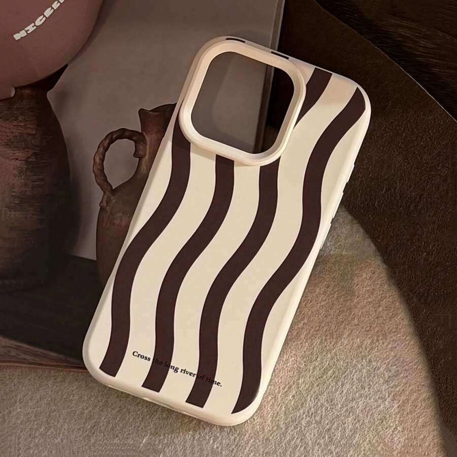 1pc Glossy Black Striped Phone Case Compatible With IPhone 16, 16 Plus, 16 Pro, 16 Pro Max - White - View 1