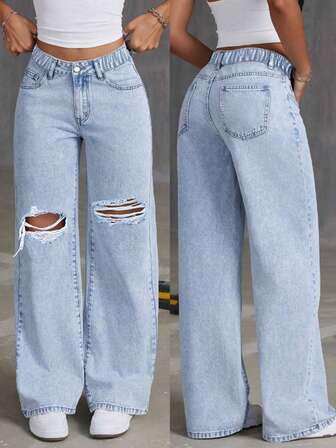 Teen Girl Fashionable Light Blue Ripped Jeans, Chic And Versatile For All Seasons, Sweet And Preppy Essential Denim Pants