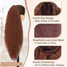 30 Inch Auburn Long Curly Drawstring Ponytail Extension Synthetic Comb Clip In Pony Tails Hairpieces For Women Voluminous Natural Looking Long Curly Auburn Ponytail Hair Extensions - MediumAuburn - View 2
