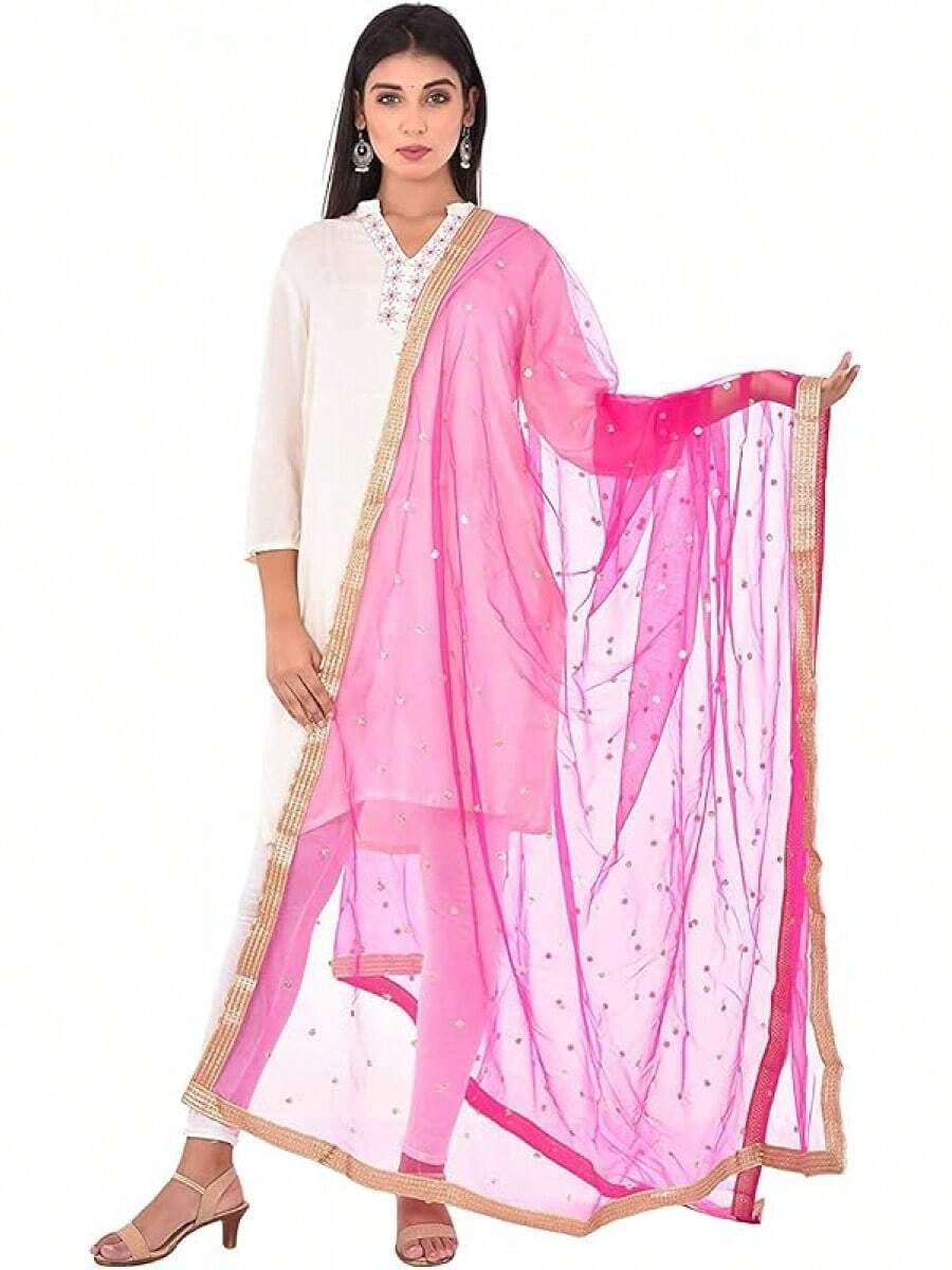 Woman's Embellished Net Dupatta Scarf Shawl Wrap Soft Bridal Wedding - Deep Pink - 查看 1