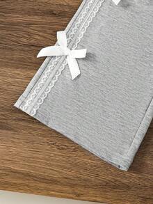 2pcs Back To School Girls' Spring/Autumn Lace Bow Collar Color Block Long Sleeve Top + Lace Bow Decor Pants Set, Fashionable Sporty Collegiate Style Outfit For Girls