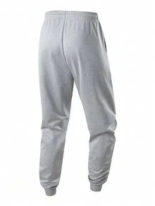 男士字母印花弹力腰运动裤，秋冬季薄款休闲抽绳长裤 - 灰色 - 查看 3