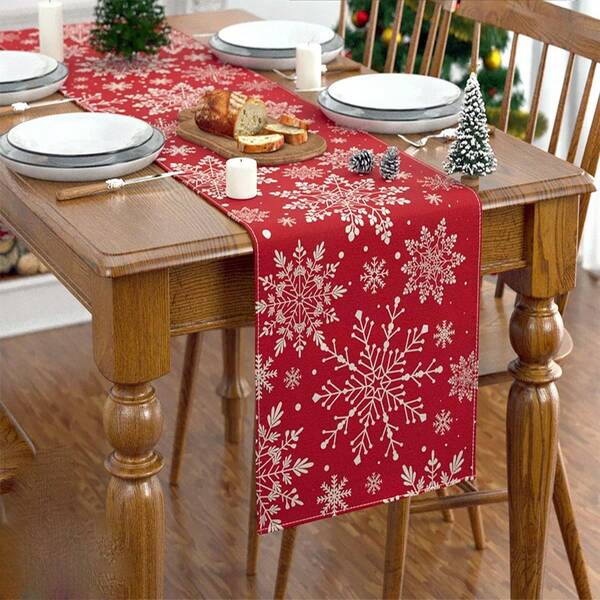 Un mantel de invierno estacional con patrón de copos de nieve rojos para la decoración de la mesa de Año Nuevo, mantel navideño, decoración de mesa de cocina festiva, decoración de fiesta familiar para interiores y exteriores.