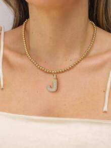 1Pc Women's Stainless Steel Bead Chain With A Diamond Studded Three-Dimensional Initials Pendant, Simple And Elegant In Style, Suitable For Wearing At Parties Or Banquets, 18k Genuine Gold Electroplated Bead Chain