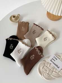 1 双女士 Maillard 花卉蕾丝边中筒袜，可爱甜美复古花卉中筒袜，适合日常休闲穿着、运动、通勤、送礼、所有场合和节日 - 彩色 - 查看 3