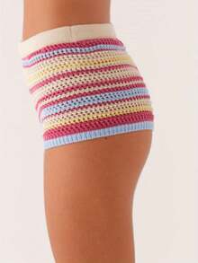 Women's Knitted Shorts Casual Stylish Colorful Contrast Striped Elastic Mid Rise Shorts - Pink - View 2