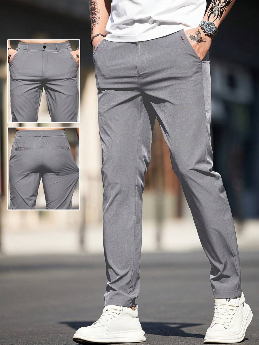 Men's Solid Color Pocket Casual Tapered Pants, For Commuting Daily - Light Grey - View 1
