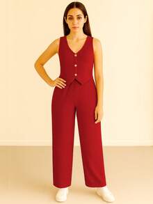 Conjunto De Mujer 2 Piezas, Chaleco Halter, Pantalón Recto - Granate - Ver 1