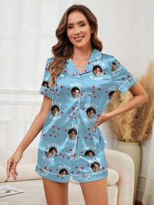 Printstory Custom Women's Satin Pajama Set, Printable With Any Pattern, Personalized Gift, Suitable For Home, Friends And Holiday Parties - Blue - View 4