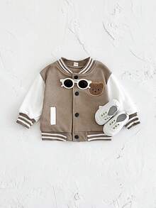 Newborn Baby Boys/Girls Thick Bear Embroidered Brown Baseball Jacket, Warm & Windproof For Autumn/Winter - Brown - View 5