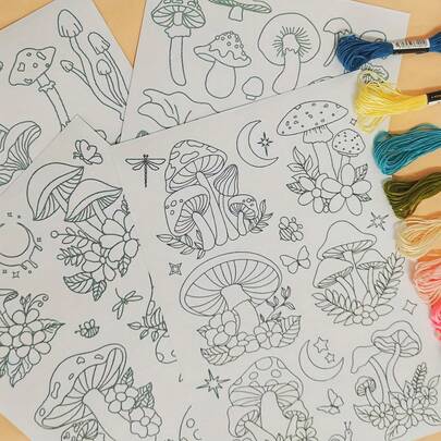 Water-Soluble Embroidery Patches With Mushroom Pattern - A4 Paper Size Plant-Themed Sewing Embroidery Designs - Self-Adhesive For Attaching To Clothes - Water-Soluble Stabilizer Transfer Paper Craft Kit For Handmade Stitching And Designing - Suitable For Decorating Shirts, Shoes, Socks, Hats, Backpacks, Etc
