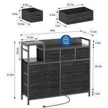 Cómoda para TV con estación de carga y estantes abiertos, cómoda de tela con 9 cajones y cubierta de madera, amplia cómoda de almacenamiento para sala, pasillo y entrada (39 x 11.8 x 33.9 pulgadas) - Negro - Ver 2