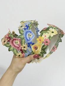 女士优雅刺绣条纹花卉头带（套装），波西米亚休闲涤纶百搭日常佩戴发饰，发箍 - 黃色 - 查看 2