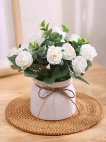 1 件仿真装饰性逼真玫瑰盆栽，家庭办公室客厅装饰 - 白色 - 查看 1