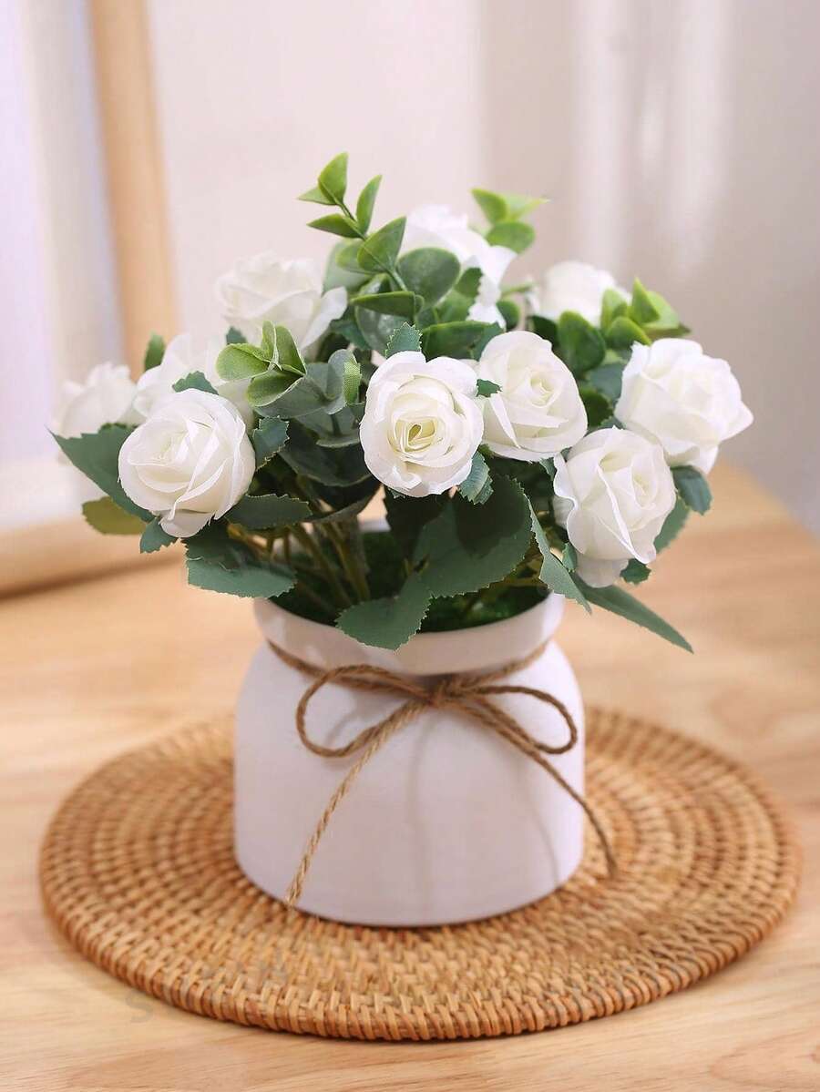 1 件仿真装饰性逼真玫瑰盆栽，家庭办公室客厅装饰 - 白色 - 查看 1