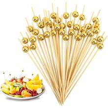 200/100/50/10 pièces Piques à fruits en perle d'or, brochettes en bambou pour gâteau, piques à fleurs en perle d'or, brochettes à fruits, cure-dents d'art créatifs, bâtonnets de bambou de décoration, fourchettes d'art pour gâteaux et hamburgers, convenant pour la décoration de boissons et les piques à desserts (anniversaire, fournitures de fête de mariage, cuisine, restaurant), cadeau de Noël