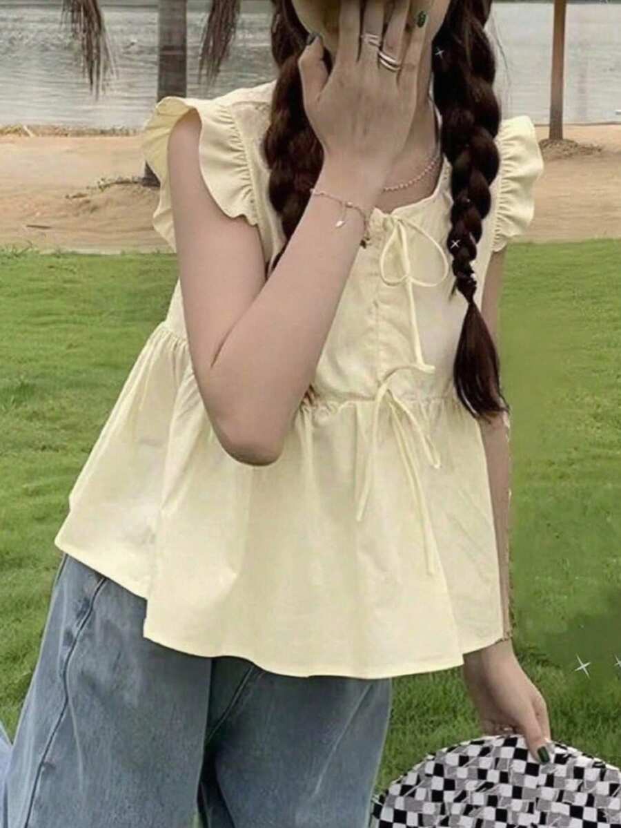2025春夏女士纯色系带吊带休闲背心 - 杏色 - 查看 1