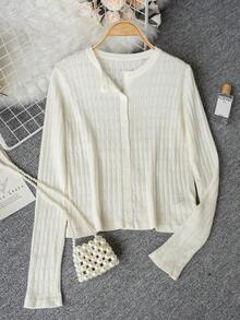 休闲简约镂空针织开衫，修身短款防晒外套，女士春夏款 - 杏色 - 查看 2