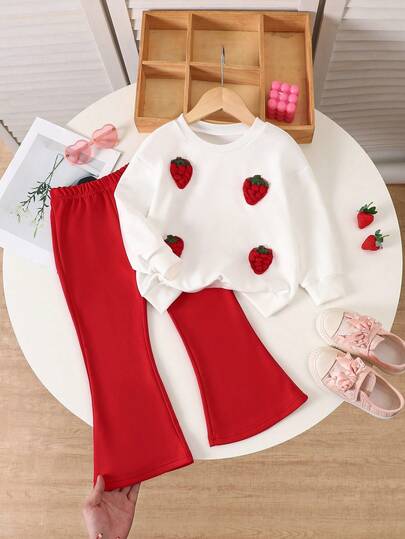 2 Stücke Mädchen Herbst/Winter Lässig Outfit, weißer Rundhals-Sweatshirt mit Erdbeere Häkelbesatz, kombiniert mit roter Hose mit elastischem Bund und weitem Bein Set
