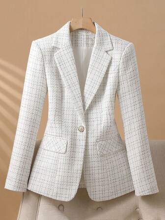 Women's Casual Plaid Blazer, Versatile & Slimming White Suit Jacket