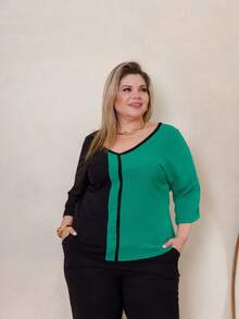 Maison Raglan Sleeve Blouse And Plus Size Summer Pants Set - Green - View 3