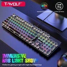 Bàn phím cơ T-WOLF T75, có đèn nền với đèn 7 màu, 104 phím, bàn phím chơi game phong cách Punk với công tắc màu xanh lam - Nhiều màu - Xem 9