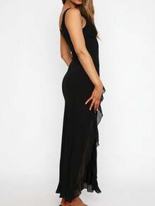 Đầm nữ cổ chữ V xếp ly, đầm gợi cảm, đầm xẻ cao, đầm mùa thu, trang phục dự lễ hội nhạc đồng quê, đầm thanh lịch màu đen mùa hè dành cho nữ - màu đen - Xem 5