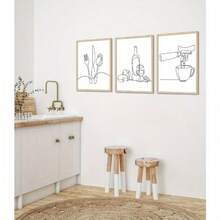3 Pieces Of Line Painting Kitchen Wall Art Modern Black And White Simple Kitchen Abstract Line Art Poster Print Dining Room Wall Decoration Canvas Painting Picture Home Decoration Frameless Line Art, 2D Flat Printing Poster, Frameless Painting