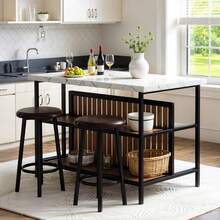 3 Pieces Kitchen Island Set With 2 Bar Stools, Modern & Contemporary Style Dining Room Table And Chairs Set With 2-Tier Storage Shelves, Counter Height Bar Table Set For 2, 3 PCS Kitchen Table Set With 2 Chairs For Kitchen, Dining Room, Restaurant - Đá cẩm thạch trắng - Xem 2