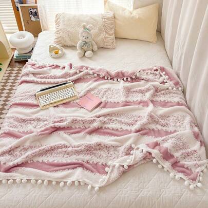 1pc Dual-Color Striped Pattern Throw Blanket, Warm, Soft And Comfortable, Decorated With Tassels, Suitable For Home Decor, Bed, Sofa, Office, Room, Dorm, Machine Washable, Suitable For Spring, Autumn And Summer