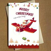 1 buc., Felicitare festivă de Crăciun cu avionul lui Moș Crăciun, Design de desene animate, Hârtie, Felicitare personalizată pentru prieteni, familie și cei dragi, Ideală pentru invitații și urări de sărbători, Sezonul Crăciunului