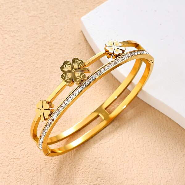 1pc Romantic 18K Gold-Plated Stainless Steel Four-Leaf Clover Hinged Cuff Bracelet For Women, Double-Row Bangle With Micro-Pave Cubic Zirconia Inlay, Lucky Clover Charms, Hypoallergenic, Perfect For Daily Wear, Parties, Birthdays, Anniversaries & Gifting.