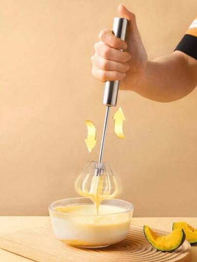 1 pieza Batidor de huevos manual fácil de acero inoxidable, prensa y rotación semiautomática para uso doméstico en la cocina, apto para huevos, leche y mezcla de masa