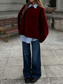 Senya 女士秋冬圆领长袖轻薄针织羊毛衫，侧开衩直袖设计，日常通勤百搭针织套头衫，新年必备 - 酒紅色 - 查看 5