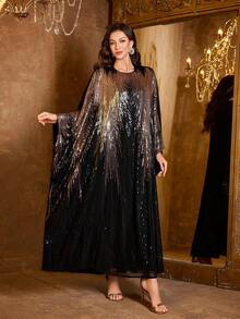 UNITHORSE [Random Cut] Round Neck Batwing Sleeve Ombre Sequin Patchwork Evening Gown, Arabic Style Dress - Black - View 5