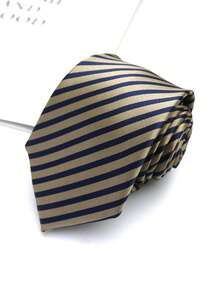 1pc Navy & Coffee Striped Handmade Unisex Necktie, Suitable For Business, Party, Casual Wear