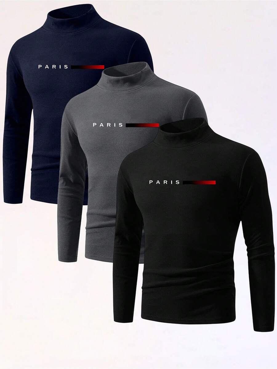 1 件男士巴黎图案黑色简约百搭半高领打底衫。亲肤面料，柔软打底衫，适合送给男朋友或老公。