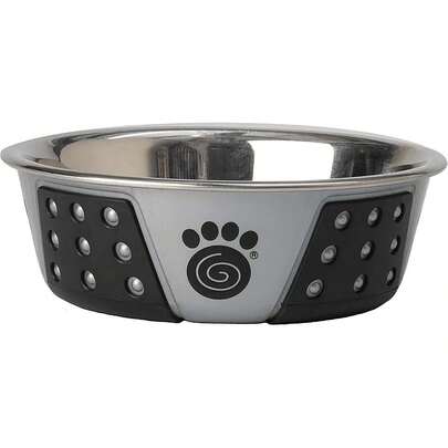 13097 Fiji Stainless Steel Non-Slip Dishwasher-Dog Bowl 1.75-Cup Capacity 5.5-Inch Diameter 1.75-Inch Tall Small And Medium Size Dogs And Cats, Light And Black
