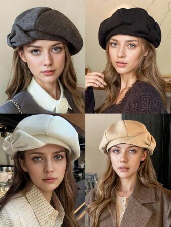 1 st damhatt, rosettdekorerad enfärgad åttkantig keps, höst/vinter varm utomhussport pendling shopping semester elegant ansiktsbantningshatt, moderiktig mångsidig retro minimalistisk baskerhatt, lämplig för dagligt bruk