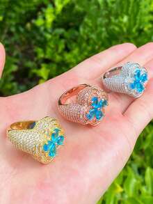 DUBSS 1 Piece Iced Out Flower Ring For Men Prong Setting Gold Plated Cubic Zirconia 5A Hip Hop Jewelry - Flower - View 9