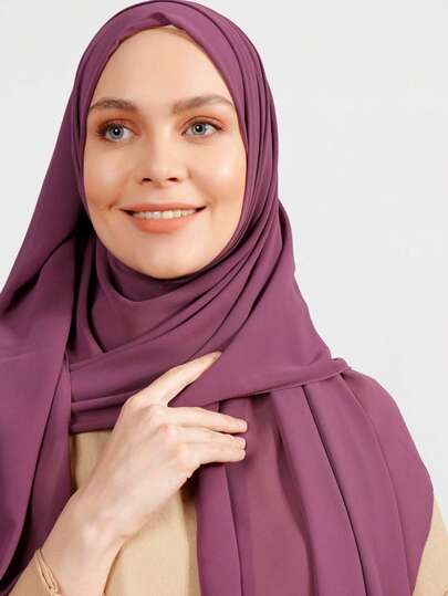 1pc Women's Solid Color Faux Pearl Chiffon Soft Headscarf, Casual Arabic Style Long Scarf, Conservative Plain Head Wrap, Suitable For Daily Use For Dress