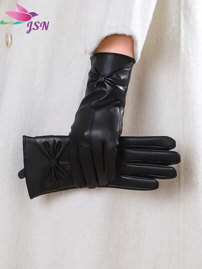 1 par de guantes de piel de imitación elegantes y casuales con lazo, cálidos y de moda con pantalla táctil para mujeres, adecuados para todas las estaciones, otoño/invierno, decoración de lazo, guantes para montar, forro de felpa, guantes lindos para estudiantes, negro