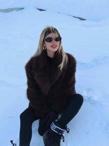 Women's Casual Everyday Loose Fit Round Neck Open Front Fuzzy Jacket, Autumn/Winter - Brown - View 6