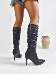 2025秋冬新款女士时尚尖头褶皱踝靴，西部风格侧拉链，假日风，高跟鞋 - 黑色 - 查看 5