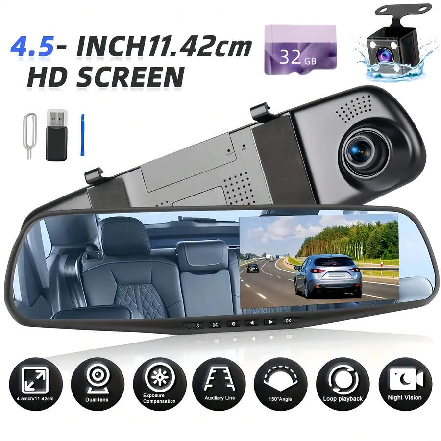 Rearview Mirror Dash Cam, Dual Lens 1080P Front And Rear Camera, Built-In Display Screen, Night Vision, Parking Mode, Loop Recording, For Cars, Trucks, SUVs-Holiday Gift