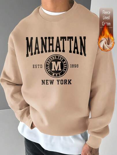 Aprikosenfarbenes Baumwolloberteil für Herren, Sweatshirt mit New York Manhattan-Muster, Sweatshirt mit überschnittenen Schultern für Herren, aus dickem Stoff, geeignet für Herbst und Winter, warmes Rundhalsdesign, lockeres Oversize-Sweatshirt, geeignet für kaltes Wetter.