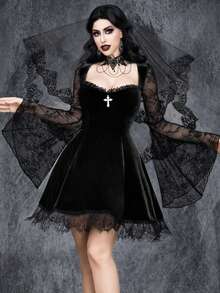 女式哥特式性感暗黑华丽复古浪漫万圣节女巫袖角色扮演蕾丝十字装饰拼接天鹅绒弹力连衣裙 - 黑色 - 查看 5