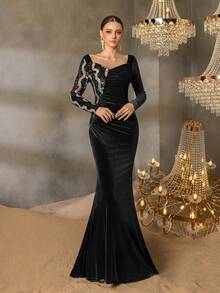 Faeriesty Robe de soirée pour femme avec encolure en forme de cœur et manches à sequins - ourlet évasé en queue de poisson, robe de cérémonie pour galas, tapis rouges, bals de bienfaisance de luxe, dîners en tenue de soirée et soirées à l'Opéra Métropolitain - Noir - Voir 4