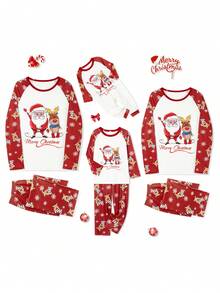 Christmas Family Pajamas Matching Set Santa Elk Print Long Sleeve Tops And Pants Loungewear Soft Sleepwear - 紅色 - 查看 10